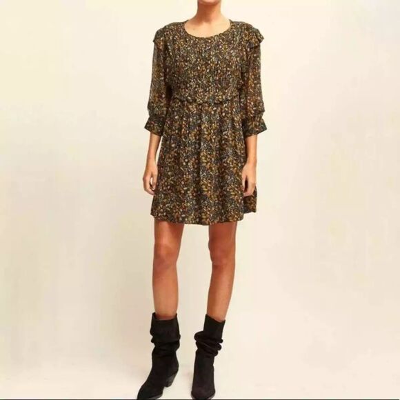 BA&SH Sandra Ruffled Georgette Mini‎ Dress In Brown Carbone Sz Medium